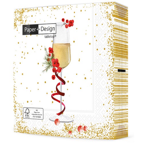 20 Servietten Golden baubles - Champagnerglas um goldenem Konfetti 33x33cm