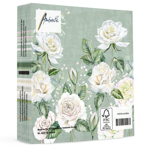 20 Servietten Vendela - Weiße Rosen auf grün 33x33cm
