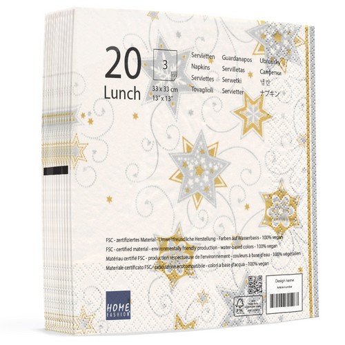 20 Servietten Stars & Swirls silver - Sterne & Wirbel silber 33x33cm