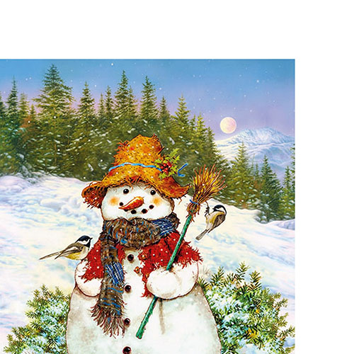 20 kleine Cocktailservietten Snowman & Birds - Meisen an Schneemann mit Hut 25x25cm