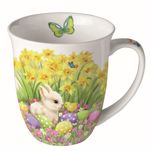 Tasse aus Porzellan Easter friends  - Hase und Küken an Narzissen 0,4L, Höhe 10,5cm