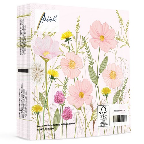 20 Servietten Pastel Flowers pink - Rosa Blumen und Gräser 33x33cm