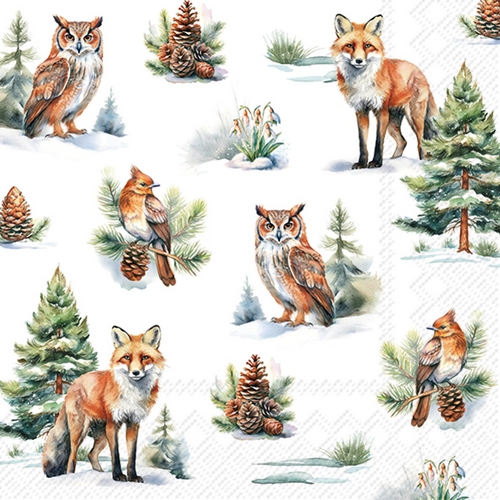 20 Servietten Winter Wildlife - Wintertiere an Bäume und Zapfen 33x33cm