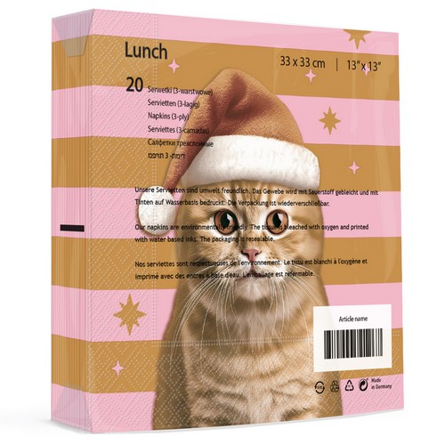 20 Servietten Xmas Cat - Kweihnachtskatze auf Streifen 33x33cm