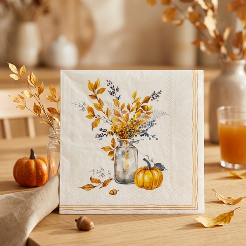 20 Servietten Autumn Glow Bouquet - Kürbis an Herbstvase 33x33cm