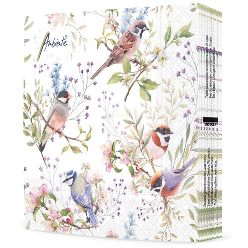 20 Servietten Busy Birds  - Vögel an Zweige mit Blüten 33x33cm
