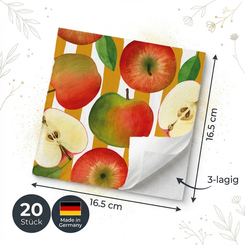 20 Servietten Apple & Stripes - Leckere Äpfel auf Streifen 33x33cm