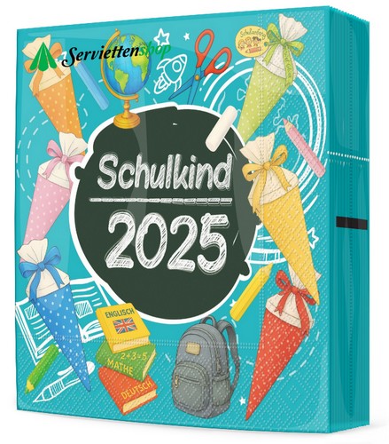 20 Servietten Schulkind 2025 - Einschulung türkis 2025 33x33cm