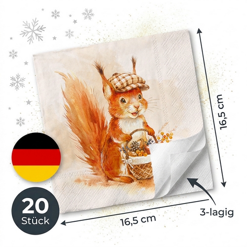 20 Servietten Monty cream - Eichhörnchen mit Herbstkorb 33x33cm