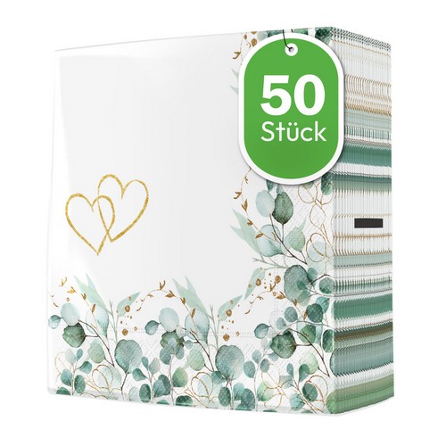 50 Servietten Eucalyptus Frame Hearts - Eukalyptus Bordüre Herzen 33x33cm