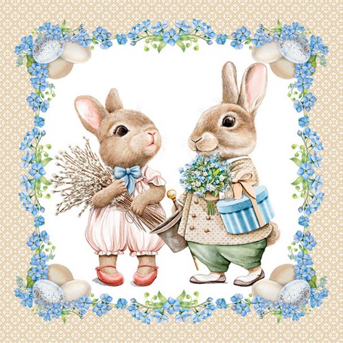 20 Servietten Vintage Easter Bunnies - Hasenpaar mit Blumen 33x33cm