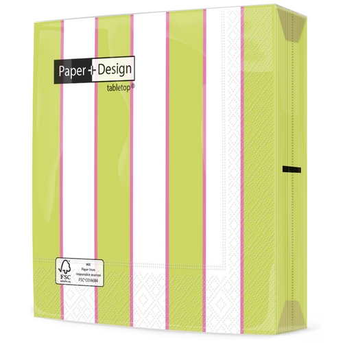 20 Servietten Cabana lines - Streifen grün-weiß-pink 33x33cm