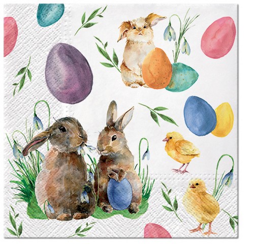 20 Servietten Bunnies with Chicken - Hasen, Küken, bunte Eier 33x33cm