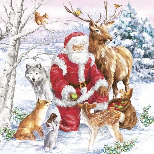 20 Servietten Santa & Animals - Weihnachtsmann füttert die Tiere 33x33cm