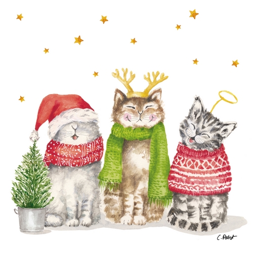 20 Servietten Sacred Cats - Singende Katzen im Winteroutfit 33x33cm
