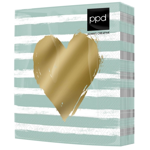 20 Servietten Heart & Stripes eucalyptus - Goldenes Herz auf Streifen eukalyptus 33x33cm