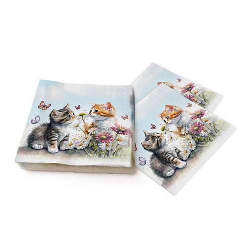 20 Servietten Katze Mit Blumenschmuck – 33x33 Cm, 3-lagig, Für Tischdeko & Serviettentechnik (Decoupage)