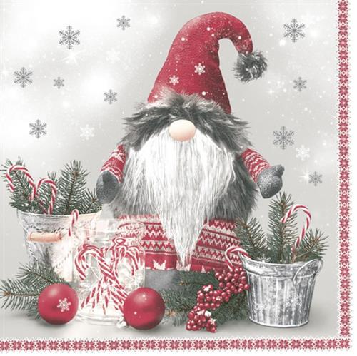 20 Servietten Scandinavian Gnome with Candy Canes – Pelziger Wichtel  33x33cm