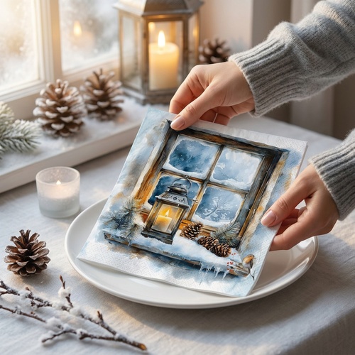 20 Servietten Frosted Window - Winterlaterne am Fenster 33x33cm