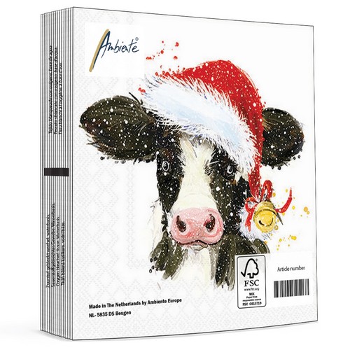 20 Servietten Christmas Cow Bell - Kuh mit Weihnachtsmütze 33x33cm