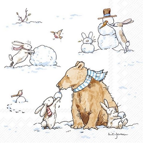 20 Servietten Snow Friends - Winterhase im Comic 33x33cm