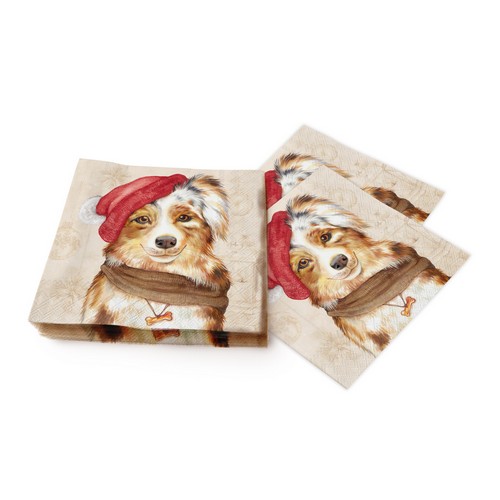 20 Servietten Jack cream - Hund mit Weihnachtsmütze 33x33cm