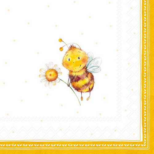 20 Servietten Sunny Bee yellow - Lustige Biene mit Blume gelb 33x33cm