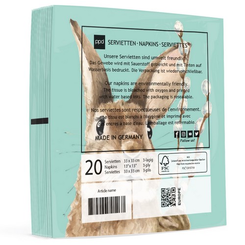 20 Servietten Fred - Hase an Weidenkätzchen mint 33x33cm