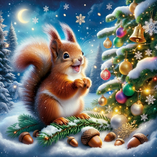 20 Servietten Cute Squirrel Christmas Landscape - Eichhörnchen erfreut vom Weihnachtsbaum 33x33cm