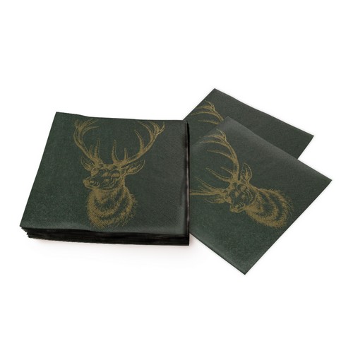 20 Servietten Classic Deer green - Klassischer Hirschkopf grün-gold 33x33cm