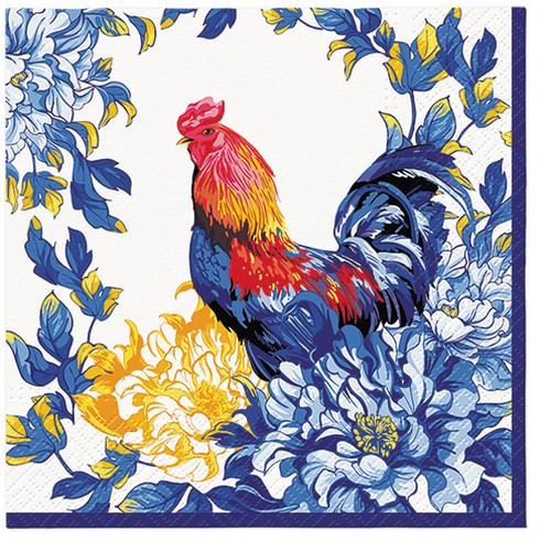 20 Servietten Rustic Morning - Hahn an blauen Blumen 33x33cm