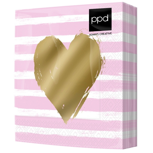 20 Servietten Heart & Stripes rose - Goldenes Herz auf Streifen rosa 33x33cm