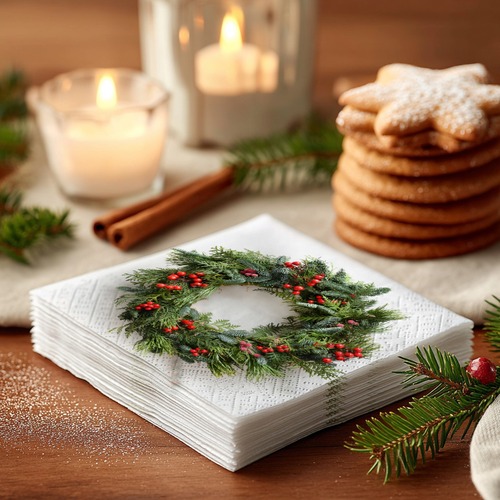 20 kleine Cocktailservietten Merry berry wreath - Natürlicher Kranz mit Beeren 25x25cm