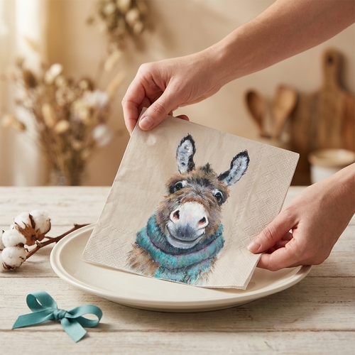 20 Servietten Donkey Nino linen - Esel mit Winterschal 33x33cm