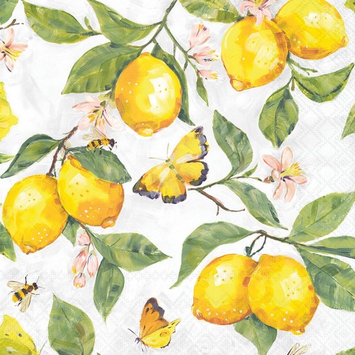 20 Servietten Fresh Lemons white - Schmetterlinge an frischen Zitronen weiß 33x33cm
