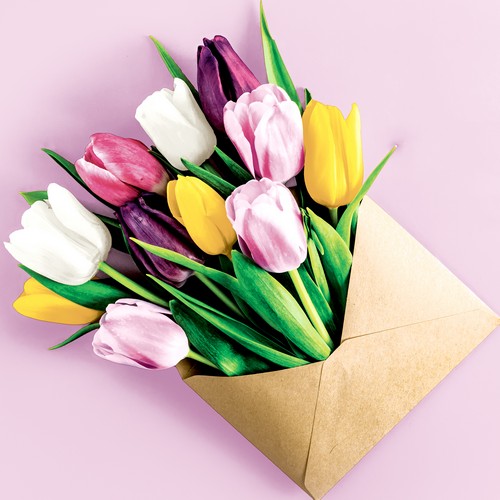 20 Servietten Garden Greetings - Blumen im Umschlag 33x33cm