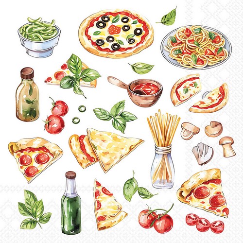 20 Servietten Pizza and Pasta - Pizza, Spaghetti und Basilikum 33x33cm