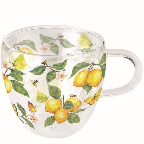 Glas doppelwandig Fresh lemons white  - Schmetterlinge an frischen Zitronen  0,25L, Höhe 9,5cm