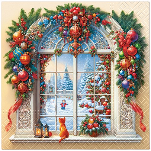 20 Servietten Holiday Arch Decor - Dekoriertes Weihnachtsfenster 33x33cm