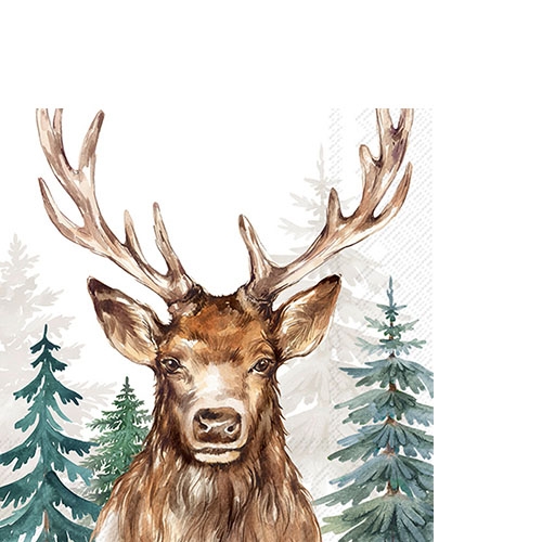 20 kleine Cocktailservietten The Woodland King - Hirsch im tiefsten Wald weiß 25x25cm