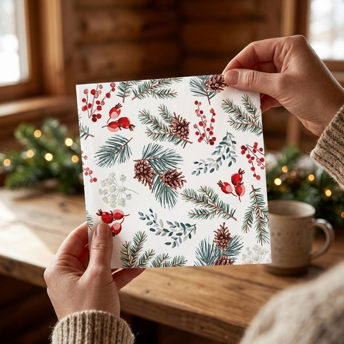 20 Servietten Winter Botanicals - Nätürliche Zweige, Beeren und Zapfen 33x33cm