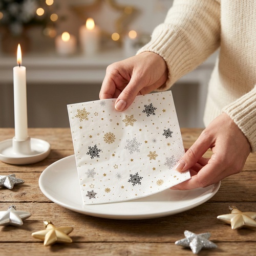 20 Servietten Glittery Flakes - Filigrane Schneeflocken schwarz / gold 33x33cm
