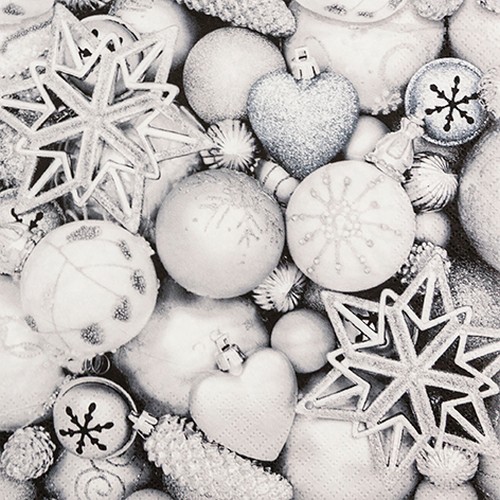 20 Servietten Silver Baubles - Weihnachtsbaumdeko silber 33x33cm