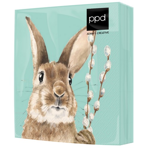 20 Servietten Fred - Hase an Weidenkätzchen mint 33x33cm