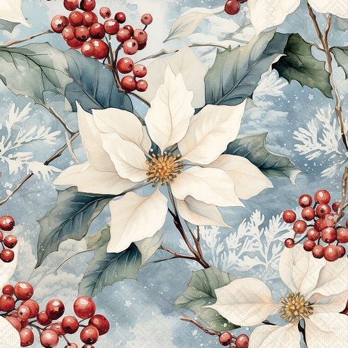 20 Servietten Winter Poinsettia - Weißer Weihnachtsstern mit Beeren 33x33cm