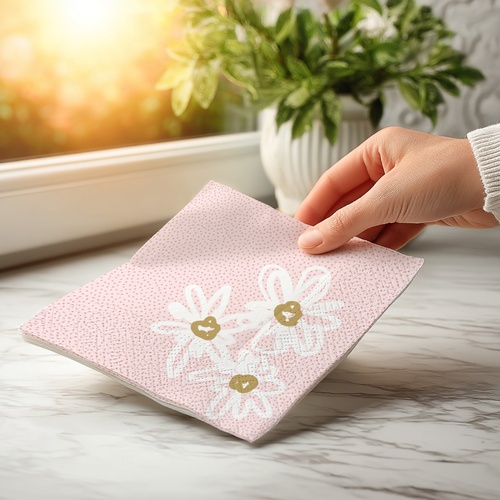 20 kleine Cocktailservietten Blooming Pattern - Weiße Blüten auf rosa 25x25cm