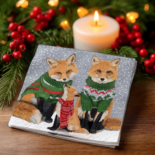 20 kleine Cocktailservietten Sweater Foxes - Füchse im Pullover 25x25cm