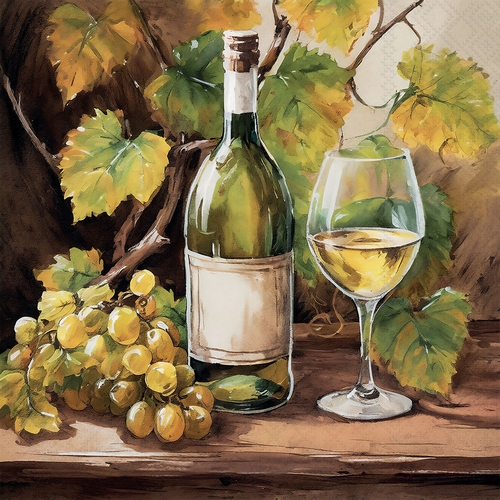 20 Servietten Wine and Grapes - Weißwein in Flasche und Glas 33x33cm