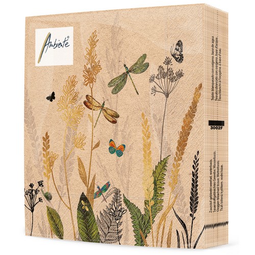 20 Servietten aus 80% Recycling-Papier Ornamental Flowers nature - Naturbelassene Wiese mit Libellen nature 33x33cm