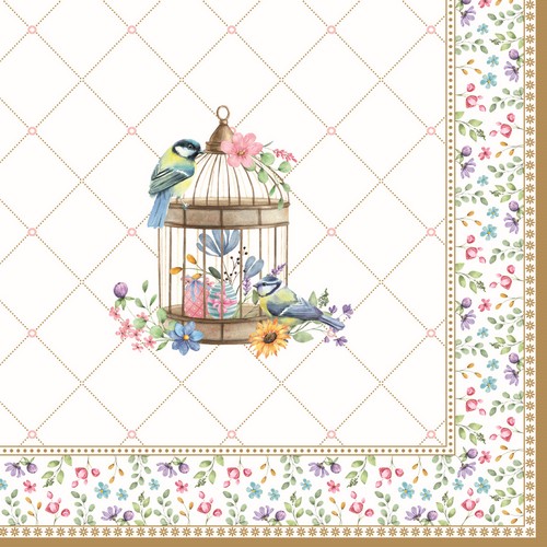 20 Servietten Spring Bloom - Vogelkäfig an Blumenbordüre 33x33cm